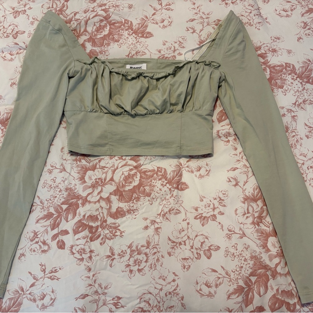 Princess Polly Sage Green Off-Shoulder Crop Top